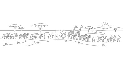 A line art drawing of a line of various African safari animals walking together. © haniyyah_Karimah