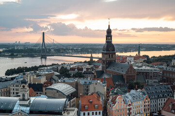 Fototapeta premium View of the Old Town in the foreground, Daugava with a bridge in the background