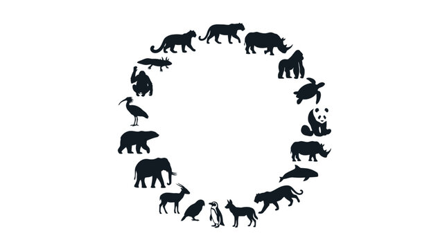 Circle frame of various wild animal silhouettes.