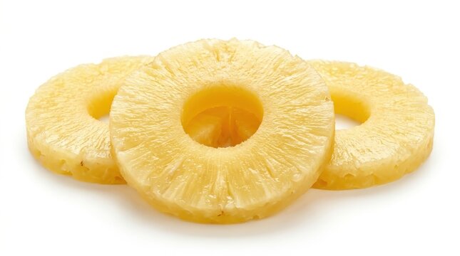Fresh succulent pineapple rings sliced thick to show fibrous core details, captured in a vibrant widescreen composition ideal for culinary backgrounds, healthy lifestyle marketing, or food photography