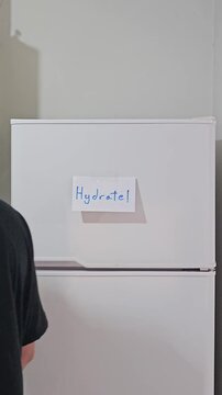 Mano colocando una nota en la heladera