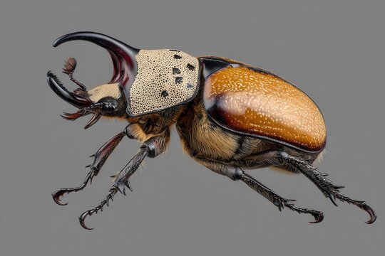 A striking rhinoceros beetle, showcasing its impressive horns and iridescent exoskeleton, is captured in a detailed close-up. This magnificent insect, a symbol of strength and resilience.