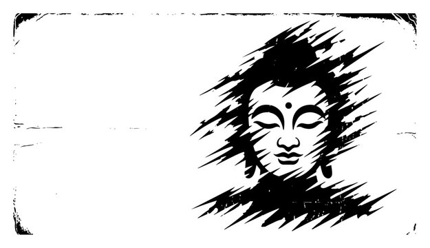 Buddha face portrait with shattered effect and abstract brush strokes in zen style