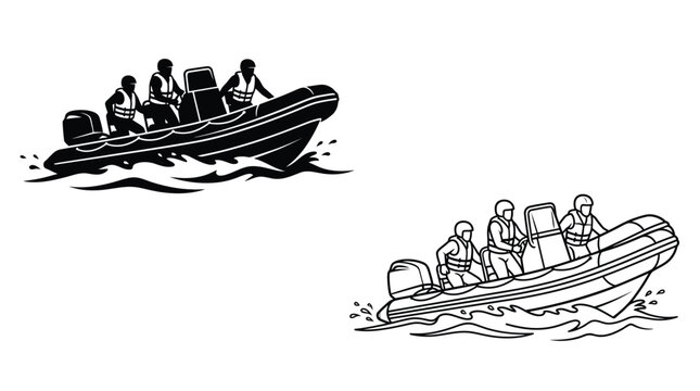 Inflatable boat with people black and white line art illustration