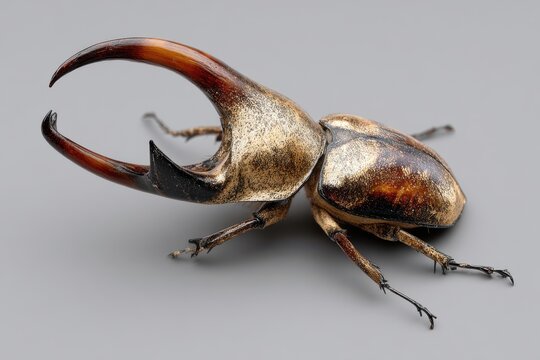 Hercules beetle with prominent horns is displayed on a plain background, showcasing its intricate exoskeleton and formidable appearance.