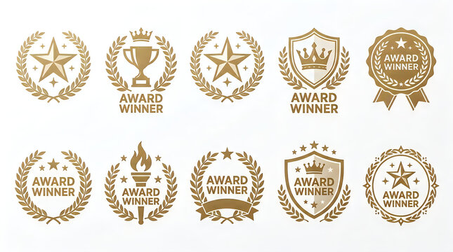 Golden award laurel wreath set. Winner label, leaf symbol victory. Vector illustration