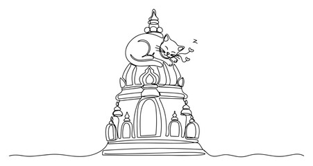 Cat sleeping on a traditional temple dome in continuous line drawing style © Anna