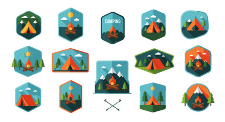 Fototapeta premium Collection of vibrant camping and outdoor adventure badges with tents and campfires.