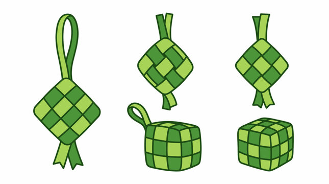 Ketupat rice cake collection Indonesian traditional woven palm leaf pack vector illustration