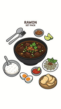Indonesian traditional rawon beef soup set pack vector illustration with rice, salted egg, bean sprouts, and sambal isolated on white background