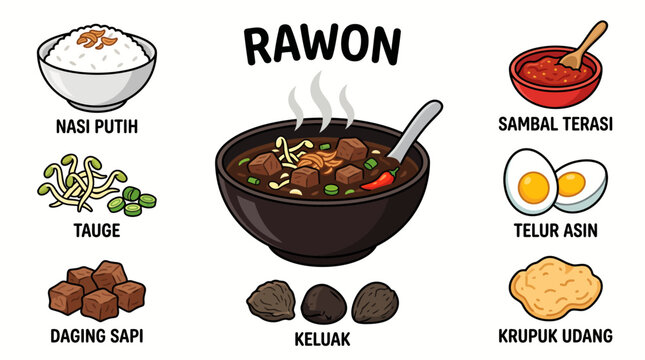 Indonesian traditional rawon beef soup ingredients vector illustration set with labels isolated on white background