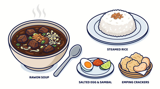 Indonesian traditional rawon beef soup set with steamed rice, salted egg, sambal, and emping crackers vector illustration with labels isolated on white background