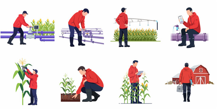 Set of Smart Farming and Modern Agriculture Flat Vector Illustrations Featuring Farmer Managing Advanced Irrigation Systems and Corn Fields