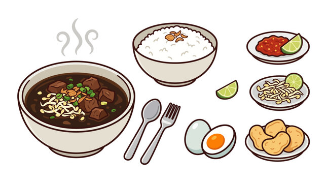 Traditional Indonesian Rawon Beef Soup Cartoon Vector Set with Side Dishes
