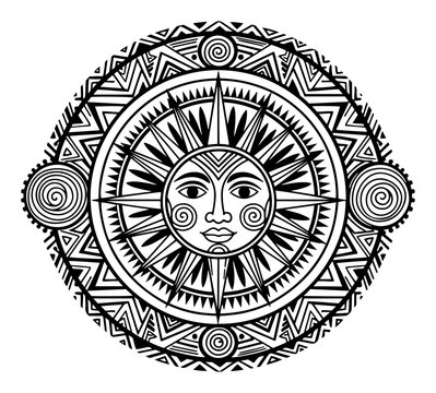 Sun face within intricate circular mandala pattern in ethnic tribal style