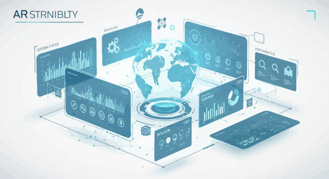 A futuristic illustration of a globe surrounded by various digital screens displaying graphs and charts on a white background with a keyboard and laptop.