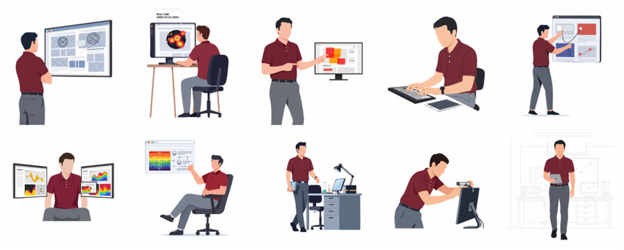 Professional UX/UI Designer and Web Developer Illustration Set, Male Character Working on Digital Interfaces, Data Visualization, and Software Design