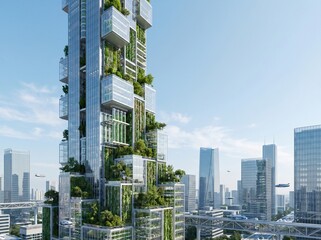 Obraz premium Futuristic Urban Vertical Farm Skyscraper Integrating Sustainable Green Agriculture