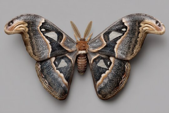 An atlas moth, a giant silk moth species, displays its intricate wing patterns, showcasing a blend of earthy brown and grey hues with prominent eye-spots, captured from a top-down perspective.