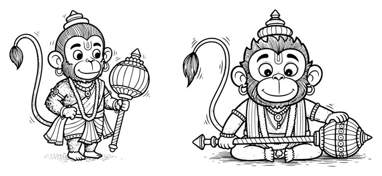 Lord hanuman characters with mace in hand drawn cartoon sketch style