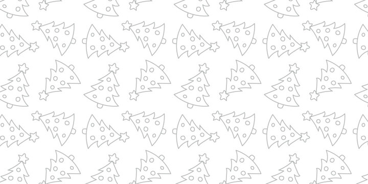 Festive holiday season background featuring a repeating seamless pattern of delicate outline Christmas trees with stars