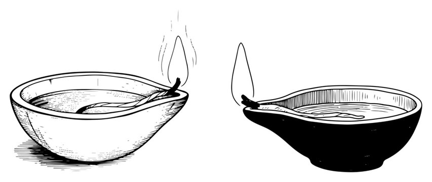 Traditional Indian oil lamps with burning flames in vintage sketch style