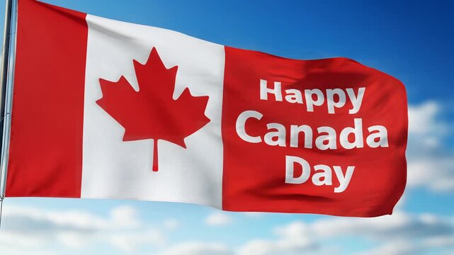 Canadian flag waving with happy canada day message against blue sky