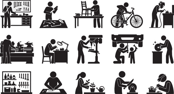 Craftsman and workshop icons set, 15 professional handyman and artisan vector pictograms, manual labor and industrial repair service symbols