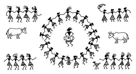 Warli tribal art scene with people dancing and cattle in traditional folk style © Anna