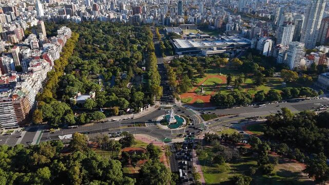 Aerial view of Palermo woods and cityscape in Buenos Aires, Argentina