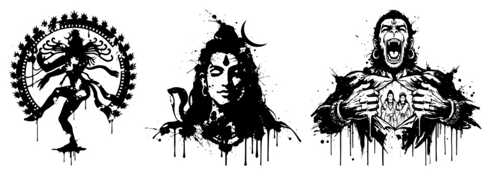 Lord Shiva Nataraja and Hanuman in artistic ink splatter style