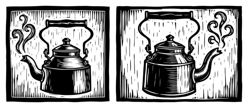 Traditional indian tea kettle with steam in vintage woodcut style