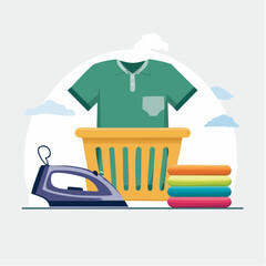 Obraz premium Laundry basket with iron and folded clothes
