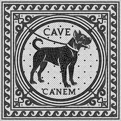 Obraz premium Ancient Roman mosaic vector illustration. Black and white square tile pattern featuring a guard dog on a leash with Latin text Cave Canem (Beware of the dog), framed by a classical wave border.