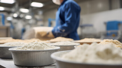 Fototapeta premium Close-up of various flours and grains in bowls with a blurred worker in blue uniform and face covering in a food production facility