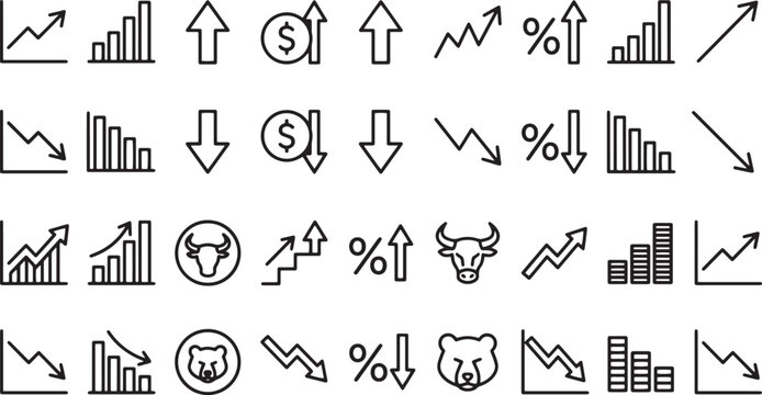 Financial stock market icons set, 36 business growth and loss line vector elements, trading chart and arrow symbols for economy analysis