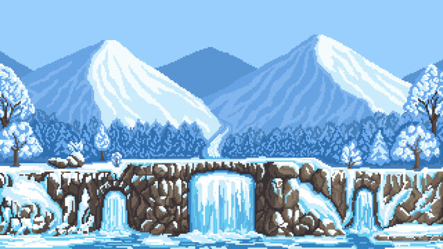 Winter pixel art nature landscape vector illustration. Retro 8-bit game horizontal background featuring snow covered mountains, frozen pine forest, rocky cliff, and waterfalls.