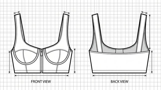 Minimal bra design illustration showing wide straps, underwire cups, front zipper closure, hook‑and‑eye back, schematic garment construction reference.