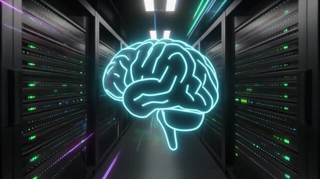 A glowing neon brain in a server room with light trails, symbolizing artificial intelligence, data processing, and digital cognition.