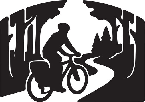 Cyclist riding bicycle on forest trail road with trees silhouette vector