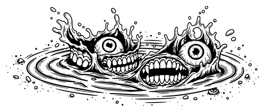 Eyeball monsters with sharp teeth emerging from liquid splash in edgy comic style