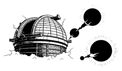 Astronomical observatory dome near solar eclipse or dark planets in vintage engraving style © Anna