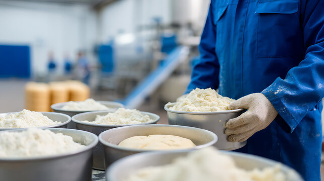 Industrial worker in blue uniform prepares dough in metal molds for production, showcasing food processing efficiency and quality control procedures