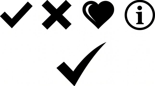 Minimal black outlined icons showing check mark, X error, and exclamation warning symbols in clean geometric vector interface style.