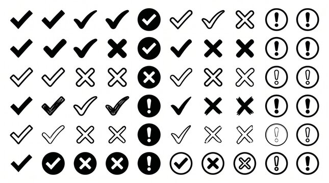 Minimal symbol icons featuring check marks, X marks, and exclamation points in solid, outlined, and filled circle vector styles.