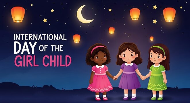 International friendship day illustration diverse girls holding hands under lanterns and crescent moon