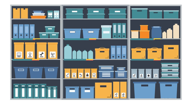 Organized Storage Shelving Unit with Boxes, Bins, and Files