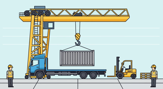 Gantry crane lifting shipping container onto flatbed truck at industrial logistics port