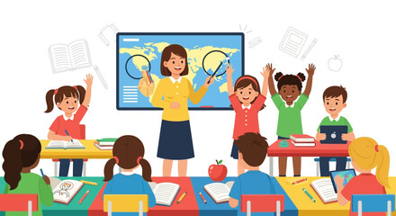 Diverse students engaged in geography lesson with teacher pointing at world map on screen © il