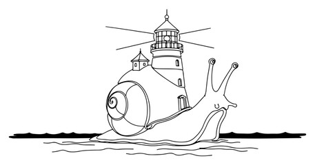 Surreal snail with lighthouse shell moving on ocean horizon in minimalist line style © Anna
